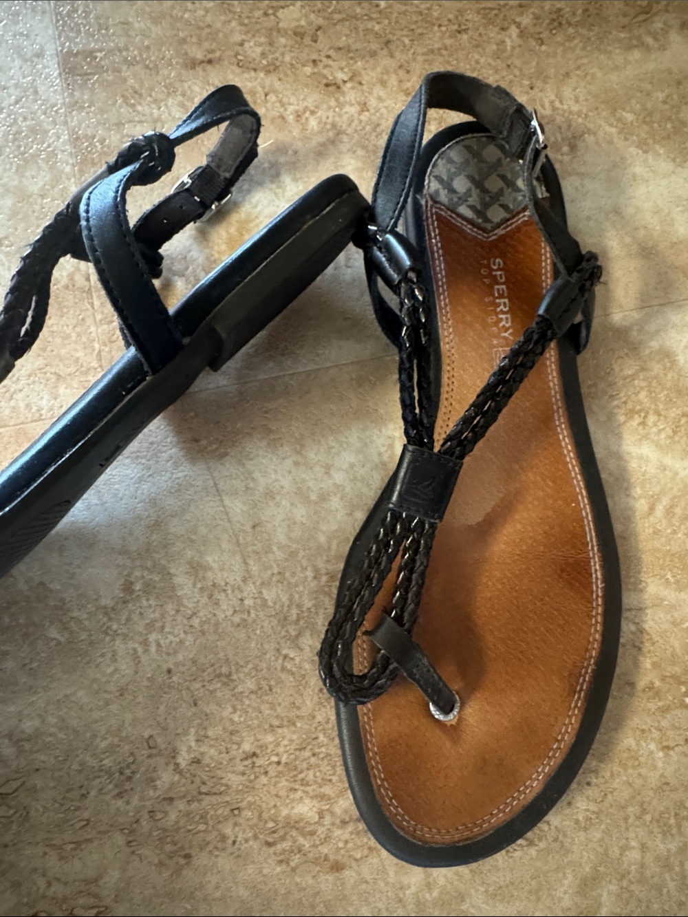Like New - Sperry Black Braided Leather T-Strap Sandals